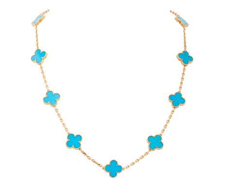 VAN CLEEF & ARPELS Collier "VINTAGE ALHAMBRA" mit 20 türkisfarbenen Motiven, GG 18K, 42,9 g, L: 80 cm, Ende 20. Jh., leichte 