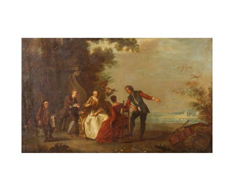 Nachfolger von Nicolas LANCRET (1690-1743) "Elegante, musizierende Gesellschaft im Park" Öl auf Leinwand, unsig., Rückseite e