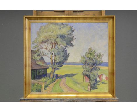 "Atelier der Künstlerin" - Bauernhaus auf dem Darß, Gemälde, Öl auf Leinwand, ca. 54 x 60 cm, aus dem ursprünglich privaten N