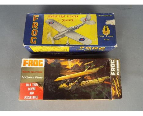 Frog - Two boxed model kits by Frog. Lot consists of Frog Single Seat Fighter Mk.V with aluminium hull, printed paper wings, 