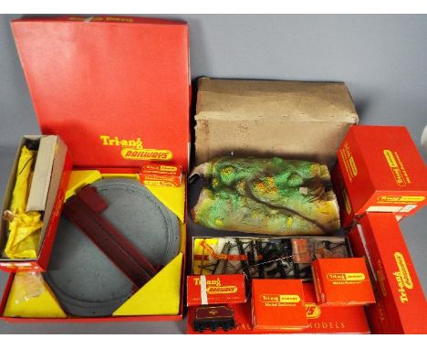 Triang Hornby - A group of boxed Triang Hornby OO gauge model railway trackside accessories, rolling stock and spare parts. L