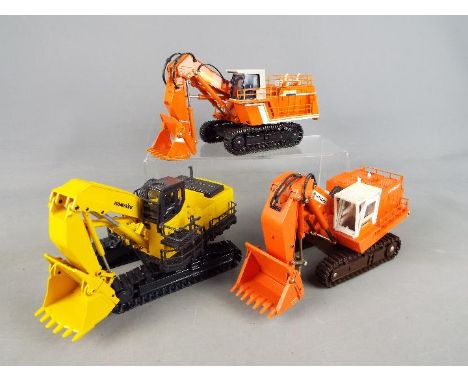 Joal, Shinsei, Diapet - Three unboxed diecast construction Excavators in various scales. Lot includes Diapet Hitachi UH801; S