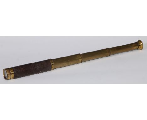 A 19th century lacquered brass three-draw pocket telescope, leather bound grip, aperture cover to eyepiece, extending to 35.5