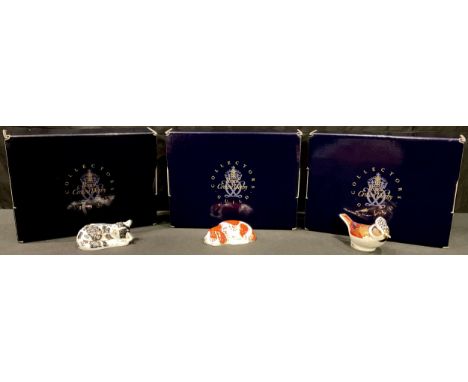 A Royal Crown Derby paperweight, Misty, Collectors Guild Exclusive, gold stopper, boxed; others, Puppy, gold stopper, boxed; 