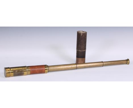 A 19th century lacquered brass three-draw telescope, leather bound grip, aperture cover to eyepiece, push-fitting lens cap, e