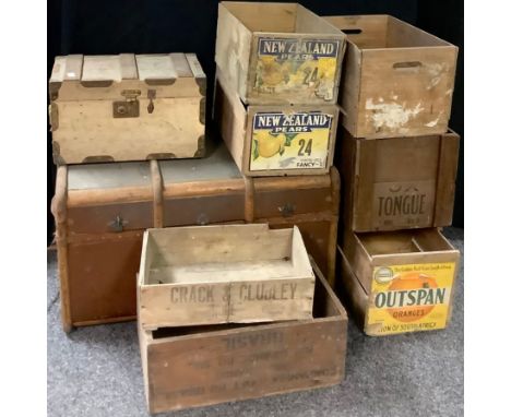 Vintage wooden fruit crates, some bearing labels; other crates and boxes; an early 20th century steamer trunk, qty 