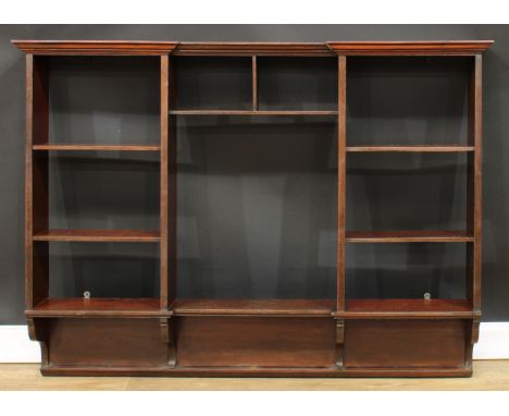 An early 20th century wall shelf/plate rack, 104cm high, 142cm wide, 22.5cm deep 