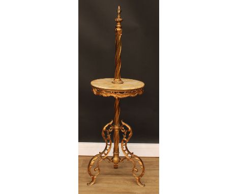 A Rococo design brass floor lamp, onyx plateau, 133cm high 