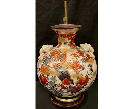 A Japanese Satsuma two handled ovoid vase, pair of lion mask ring handles, converted in to a table lamp, printed and painted 