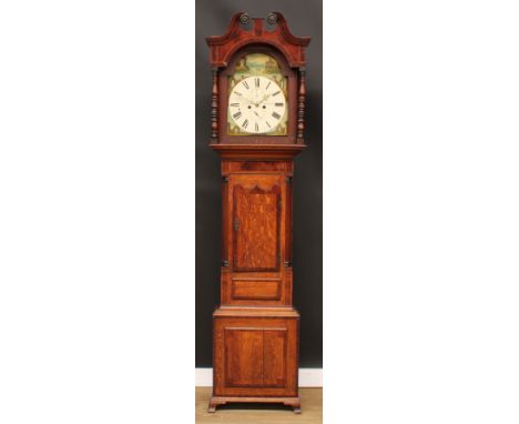 A George III oak and mahogany longcase clock, 33cm arched painted dial inscribed J. Vale, Derby, Roman numerals, subsidiary s