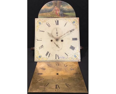 A George III longcase clock dial and movement, the arch top painted with shepherdess and dog beneath tree; a brass longcase c