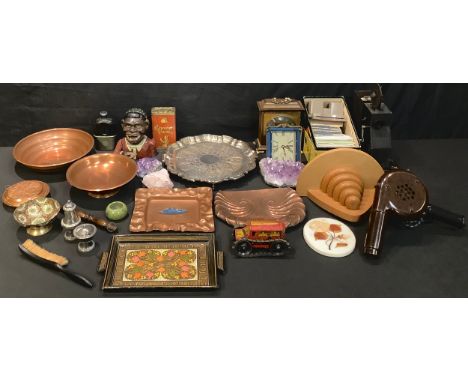 Boxes and Objects - a Marx toys tinplate tractor; a green granite pin dish; a pietra dura oval desk weight; amethyst specimen