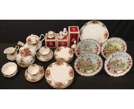 A Royal Albert Old Country Roses tea set for six with teapot; etc, bell, salt and pepper pots, miniature cup and saucer, asso