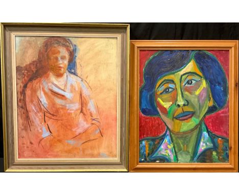 Abstract School, mid 20th century, Seated Woman, mixed media, 54cm x 44cm, inscription to verso; another, Portrait of a Woman