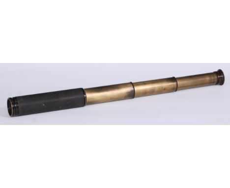 An early 20th century lacquered brass three-draw pocket telescope, by J T Coppock, Leeds leather bound grip, extending to 55c