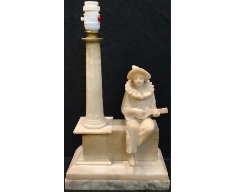 An Art Deco alabaster Pierrot table lamp, 39cm high over fitting 