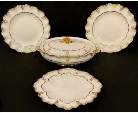 A Royal Crown Derby Lombardy pattern vegetable dish and cover, shaped oval serving plate and a pair of shaped circular plates