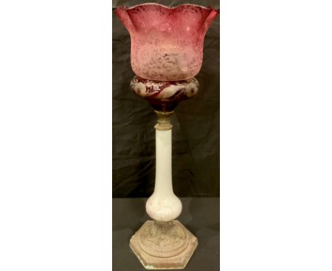 An acid etched cranberry flashed lamp shade, an opaque glass oil lamp stand with detached cranberry reservoir (3) 