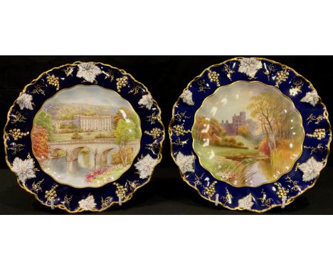 A pair of Royal Crown Derby cabinet plates, each printed and painted with named Derbyshire views, Haddon Hall and Chatsworth 