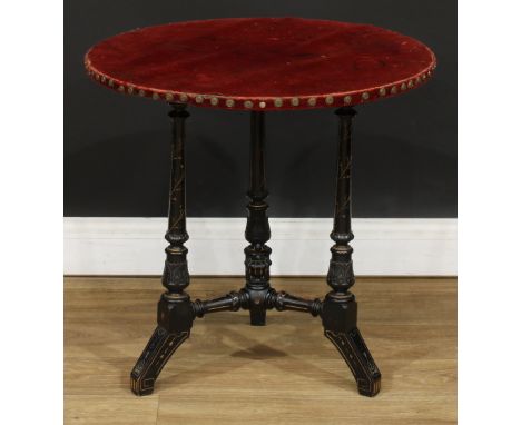 A late Victorian ebonised and parcel-gilt gypsy-type tripod table, 57cm high, 59cm diameter 