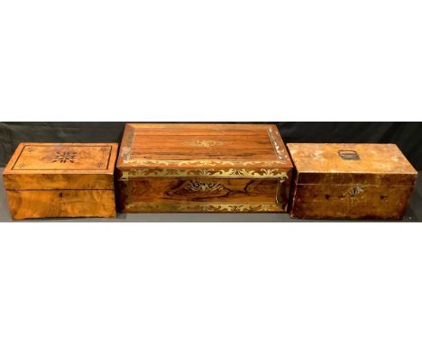 A 19th century rosewood and brass marquetry writing slope, 45.5cm wide; a walnut and parquetry work box; a burr walnut caddy,