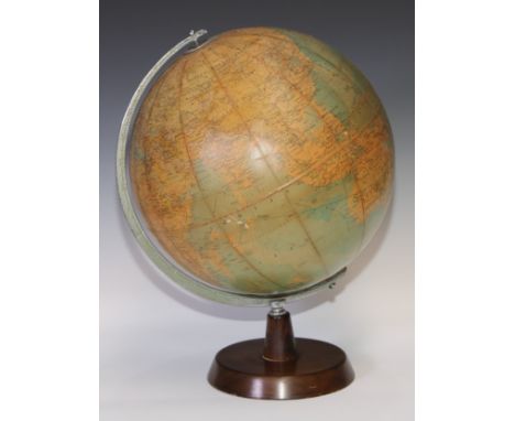 A Phillips 13.5" terrestrial globe, by George Phillip &amp; Son Ltd, London, chrome meridian ring, circular base, 48cm high o