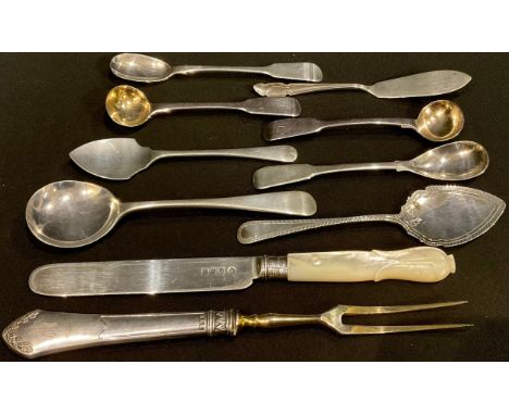 A pair of George III silver condiment ladles, London 1777; six George III and later silver teaspoons etc; a continental silve