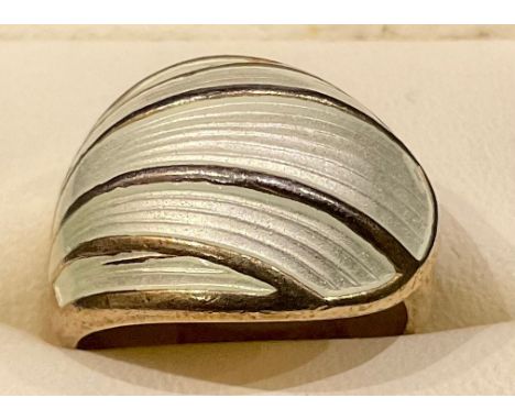 A David Andersen of Norway sterling silver ring, enamelled with five bands of white in the form of a feather, ring size K, ma