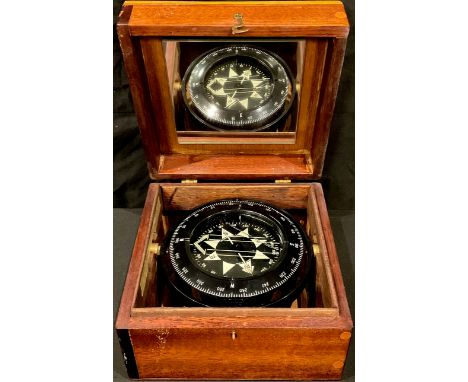 A Heath - Marine "Bosun" compass, in a mahogany hinged box, the cover with interior mirror,  brass carry handle, 14.5cm high,