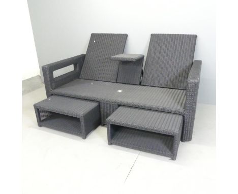 ALEXANDER ROSE A Monte Carlo synthetic rattan two-seater lover's recliner, with two sets of cushions and two nesting footstoo