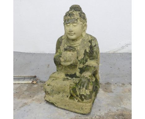 A weathered stone statue, study of Buddha holding an incense burner. 30x60x28cm. 