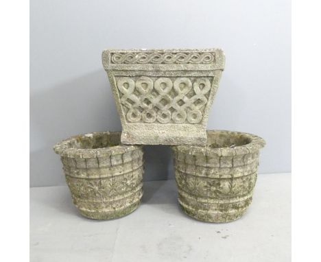 A square weathered concrete garden planter with celtic knot design, 30x26cm, and a pair of circular concrete planters. (3). 