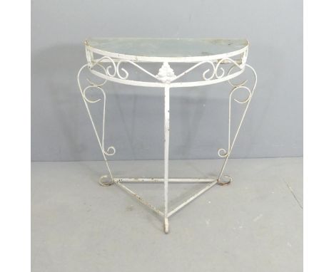 A painted wrought metal demi-lune console table with inset glass top. 72x69x38cm. 