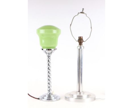 An Art Deco chrome table lamp with barley twist column and green glass shade, 43cm high; together with an aluminium table lam