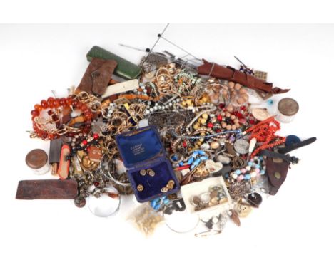 A faceted amber graduated bead necklace, a stick coral necklace, costume jewellery and other items. 