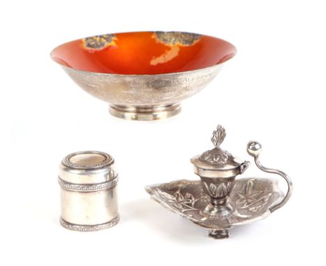 An Indian white metal chamberstick; together with a sterling silver and enamel footed bowl; and a silver box and cover, total