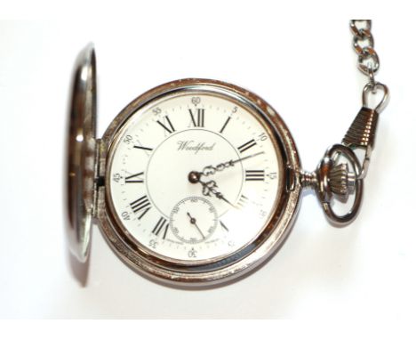 A Woodford half hunter pocket watch, model number 1011 with Albert chain, cased with certificate.