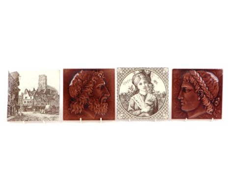 A Minton tile depicting a street scene, another a young maiden and two other tiles depicting classical bust of a man and a wo