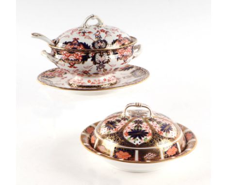 A Royal Crown Derby Imari small terrine on stand with ladle, pattern no. 563; together with a Royal Crown Derby Imari muffin 