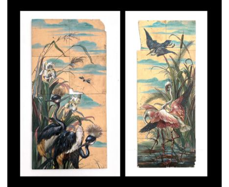 A set of ten Minton Aesthetic style pottery tiles, flamingos and a heron standing in a lake with rushes behind, and another e
