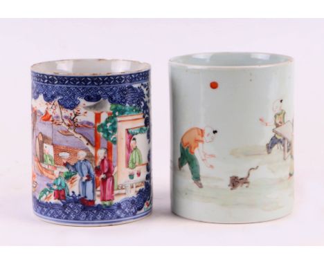 A Chinese famille rose Bitong brush pot decorated with boys playing and a robed female seated on a bench, 12cm high; together