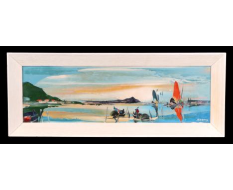 George R Deakins (1911-1982) - Coastal Scene - signed lower right, oil on board, framed, 65cm by 20cm. 