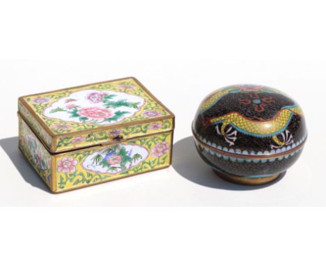 A Chinese enamel rectangular box decorated with flowers on a yellow ground, 10cms wide; together with a Chinese cloisonne box