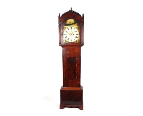  A longcase clock, the 30cm painted square arch dial with Roman numerals, subsidiary seconds dial and date aperture, the span