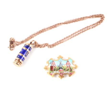 A yellow metal and enamel four-draw telescopic propelling pencil pendant, on a 9ct gold chain; together with a French yellow 