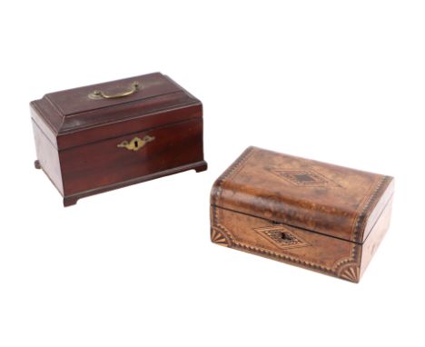 A Georgian mahogany tea caddy, 23cms wide (lacks interior); together with a Victorian walnut jewellery box, 23cms wide (2).