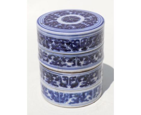 An 18th century Chinese blue &amp; white sectional stacking box of cylindrical form, 12cms high.Condition ReportThere may be 