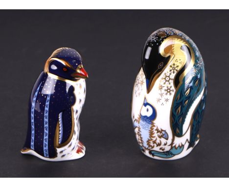 Two Royal Crown Derby paperweights, Rock Hopper Penguin, special anniversary edition, together with Penguin and Chick, both w