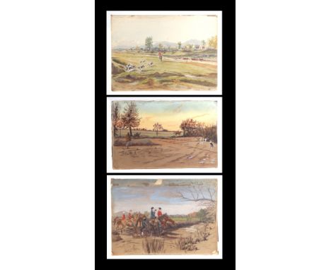 Early 20th century Indian School - a set of three Indian Raj Golden Jackal hunting scenes across the Narai Khan, drawing the 