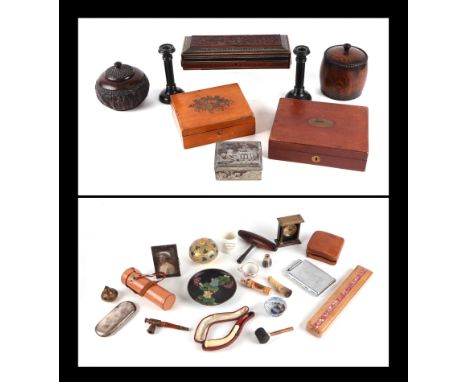 A sadeli micromosaic glove box; together with a pair of ebony candle sticks and matching dressing table box; a Georgian beadw